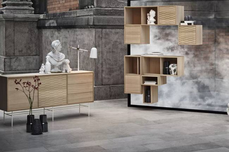 Szafka Case HiFi Furniture with base, średnia 48 cm nogi czarna stal, prawy front tkanina - biały/szary