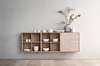 Szafka Case HiFi Furniture with base, średnia 48 cm nogi czarna stal, prawy front tkanina - dąb bielony/szary