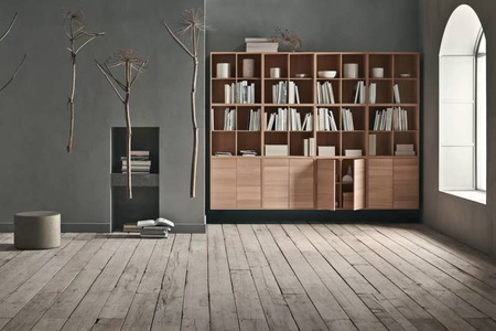 Szafka Case HiFi Furniture with base, średnia 48 cm nogi czarna stal, prawy front tkanina - biały/szary