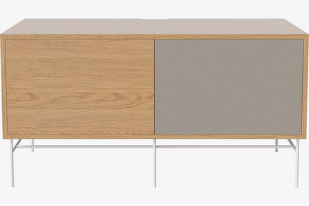 Szafka Case HiFi Furniture with base, średnia 48 cm nogi biała stal, prawy front tkanina - dąb/szary