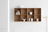 Szafka Case HiFi Furniture with base, średnia 48 cm nogi czarna stal, prawy front tkanina - dąb bielony/szary