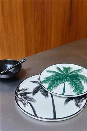 Ceramika Bold&basic HKliving: porcelanowy talerz śniadaniowy w palmy biało/czarne